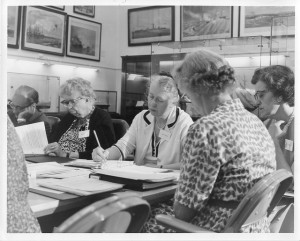 Eleanor Roosevelt with others at Commission on the Status of Women meeting, 1962