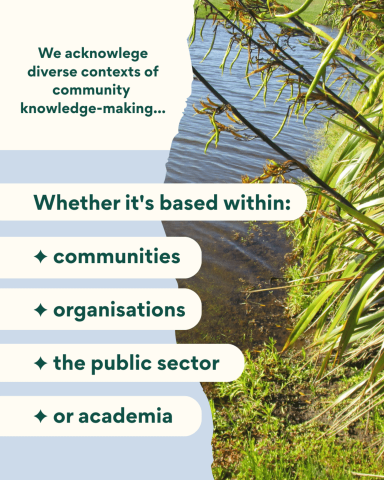 We acknowledge diverse contexts of community knowledge-making… whether it's based within communities, organisations, the public sector, or academia