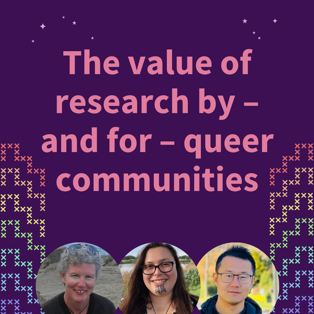 Webinar title - The value of research by - and for - queer communities. Pictures of researchers Sandra Dickson, Ana Tashkoff, and Taylor Le Cui